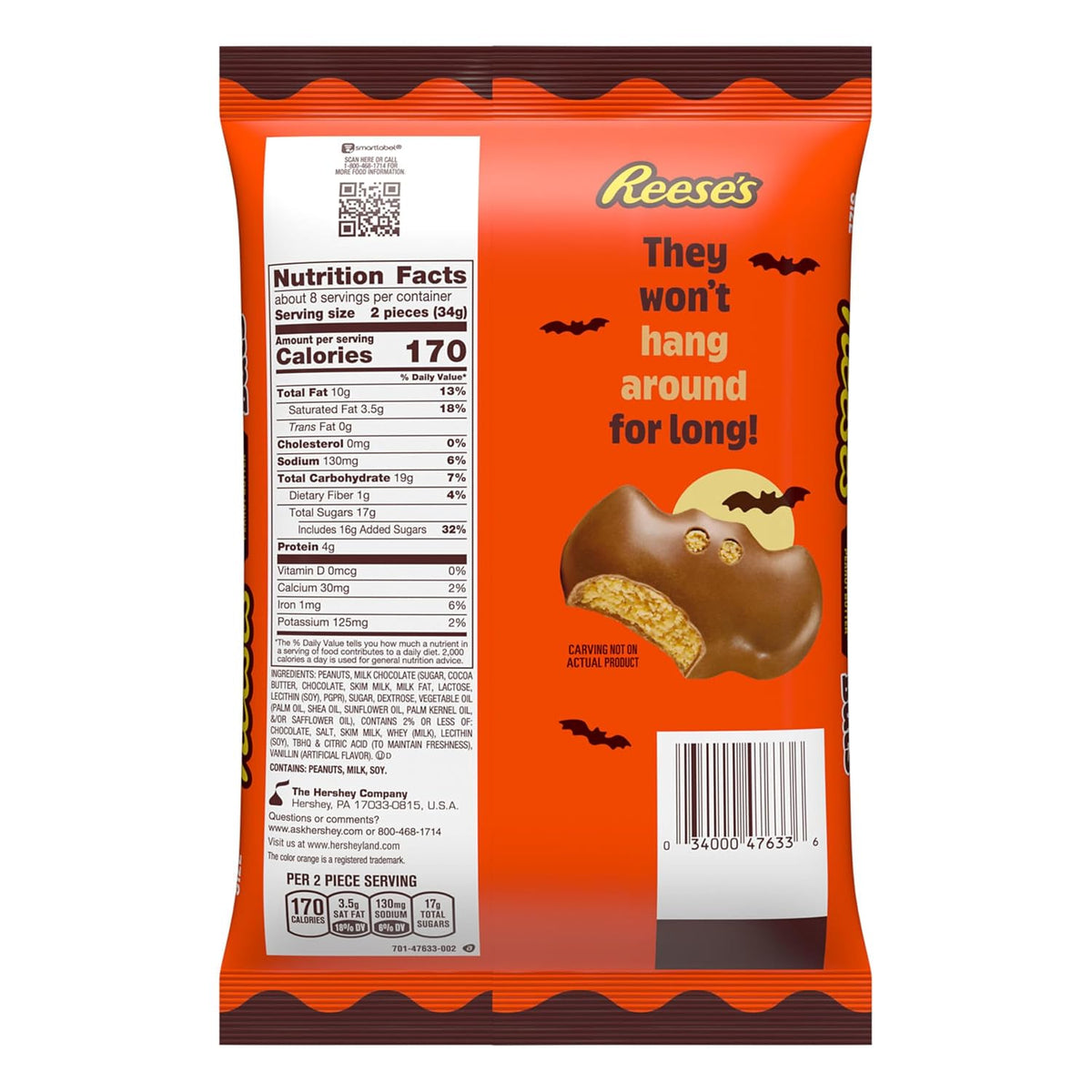 REESE'S Milk Chocolate Peanut Butter Snack Size Bats, Candy Bag, 9.6 Oz