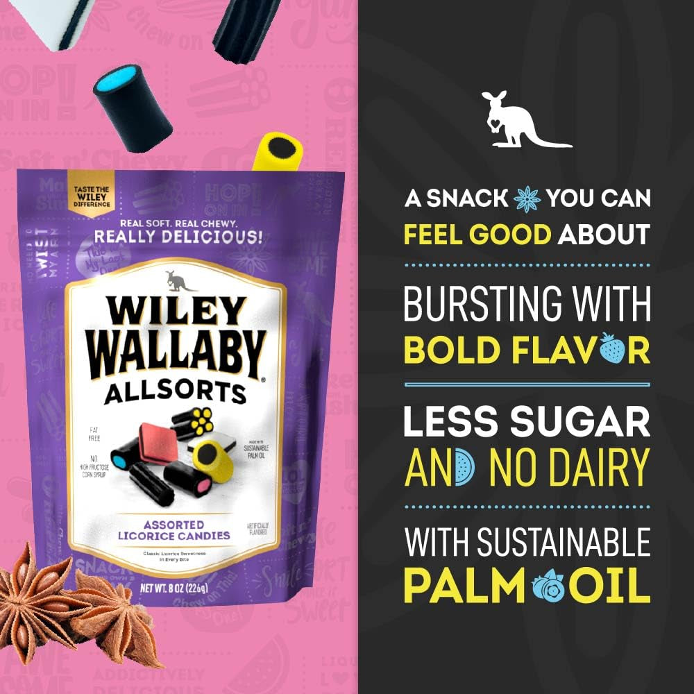 Wiley Wallaby Allsorts Assorted Black Licorice Candy, 8Oz, 1Pk