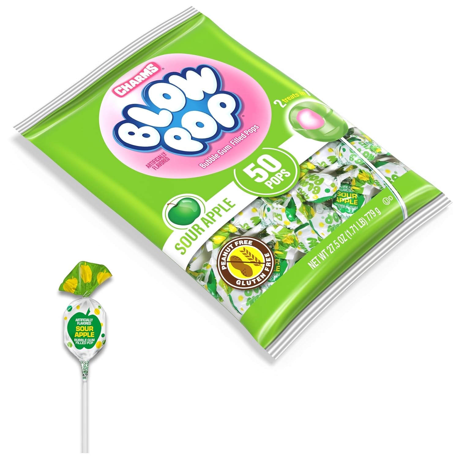 Charms Blow Pop Single Flavor Bag, Sour Apple, 50 Count (Pack of 1)