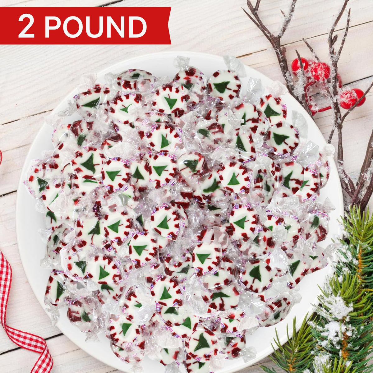 Bulk Christmas Peppermint Nougats 2 Lb Pack - Soft Chewy Mint Candy with Green Christmas Tree Center - (Approx 110 Pieces)