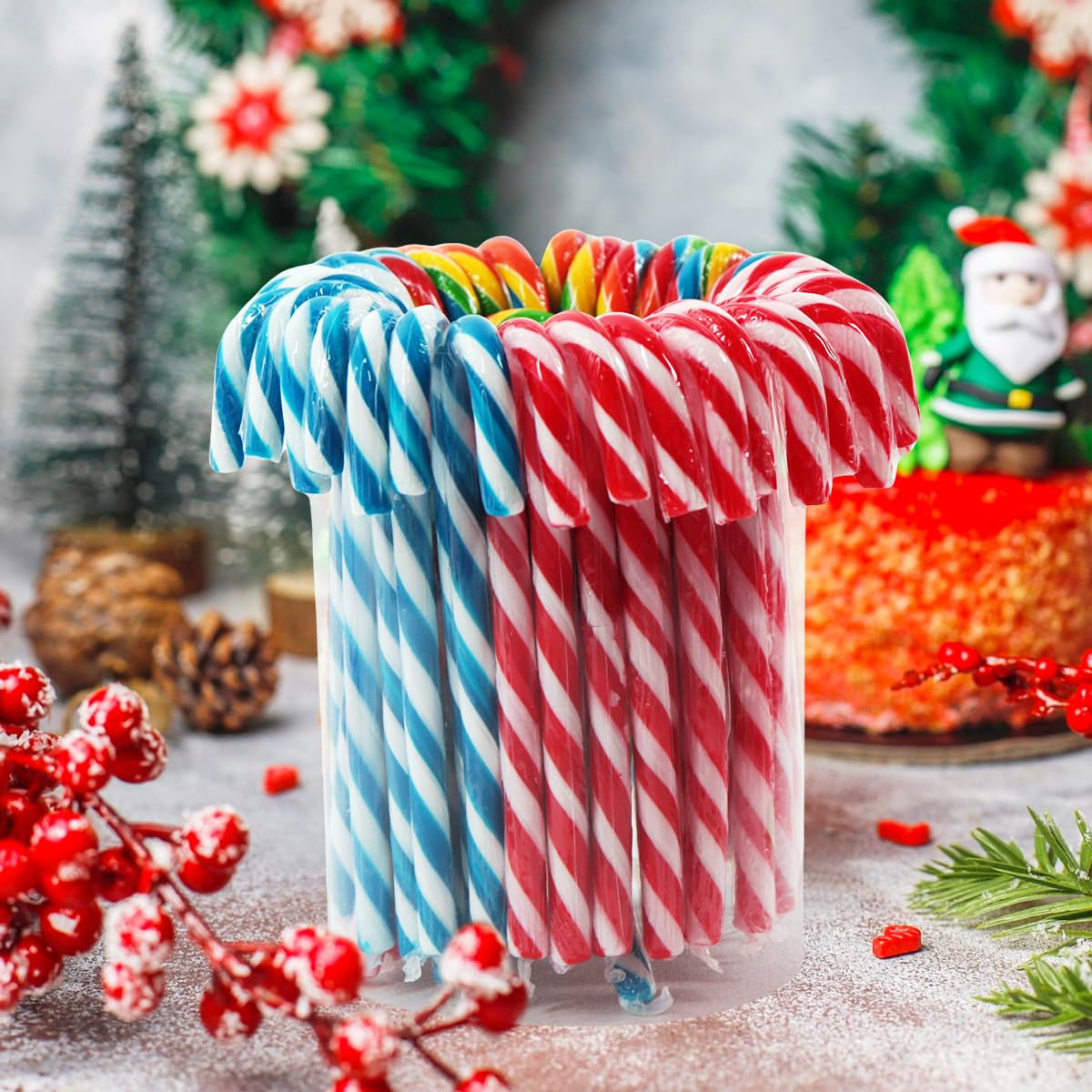 Christmas Candy Canes Tutti Frutti, Blue/White Peppermint, Red and White Cherry Mix Flavors - Bulk Candy Canes Individually Wrapped for Family Holiday Indulgement, Candy Cane Gift Set (50 Count)