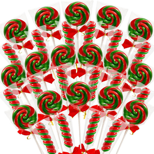 12 Twisty & 12 Swirl Festive Red-And-Green Lollipops with Red Ribbon Bow