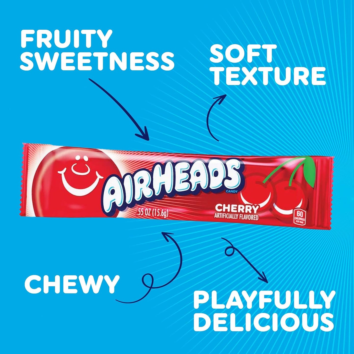 Airheads Full-Size Candy Bars, Taffy Candy Bulk Variety Pack, Individually Wrapped, 60 Count Box