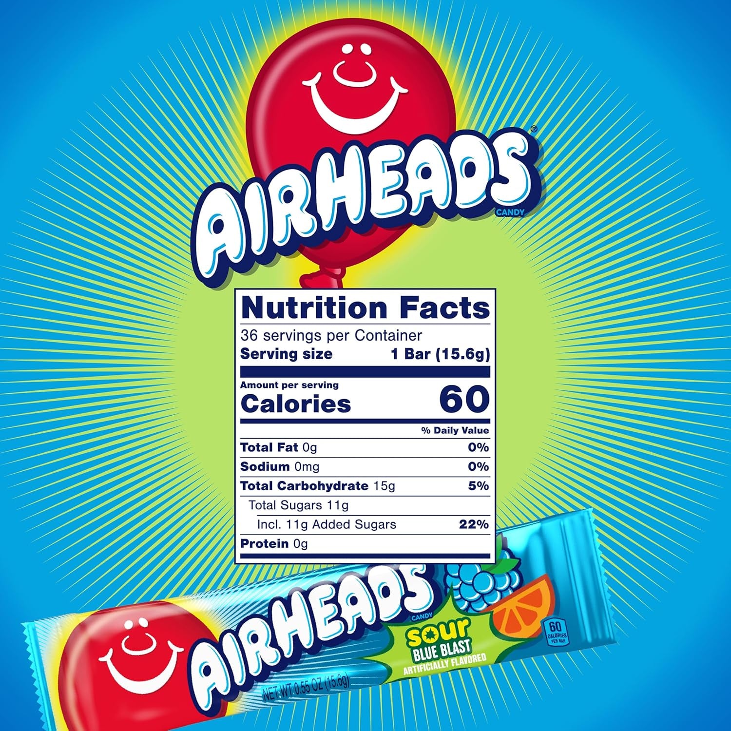 Airheads SOUR Candy Bars, Sour Blue Blast Flavored, Bulk, Pack of 36 Bars
