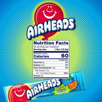 Airheads SOUR Candy Bars, Sour Blue Blast Flavored, Bulk, Pack of 36 Bars