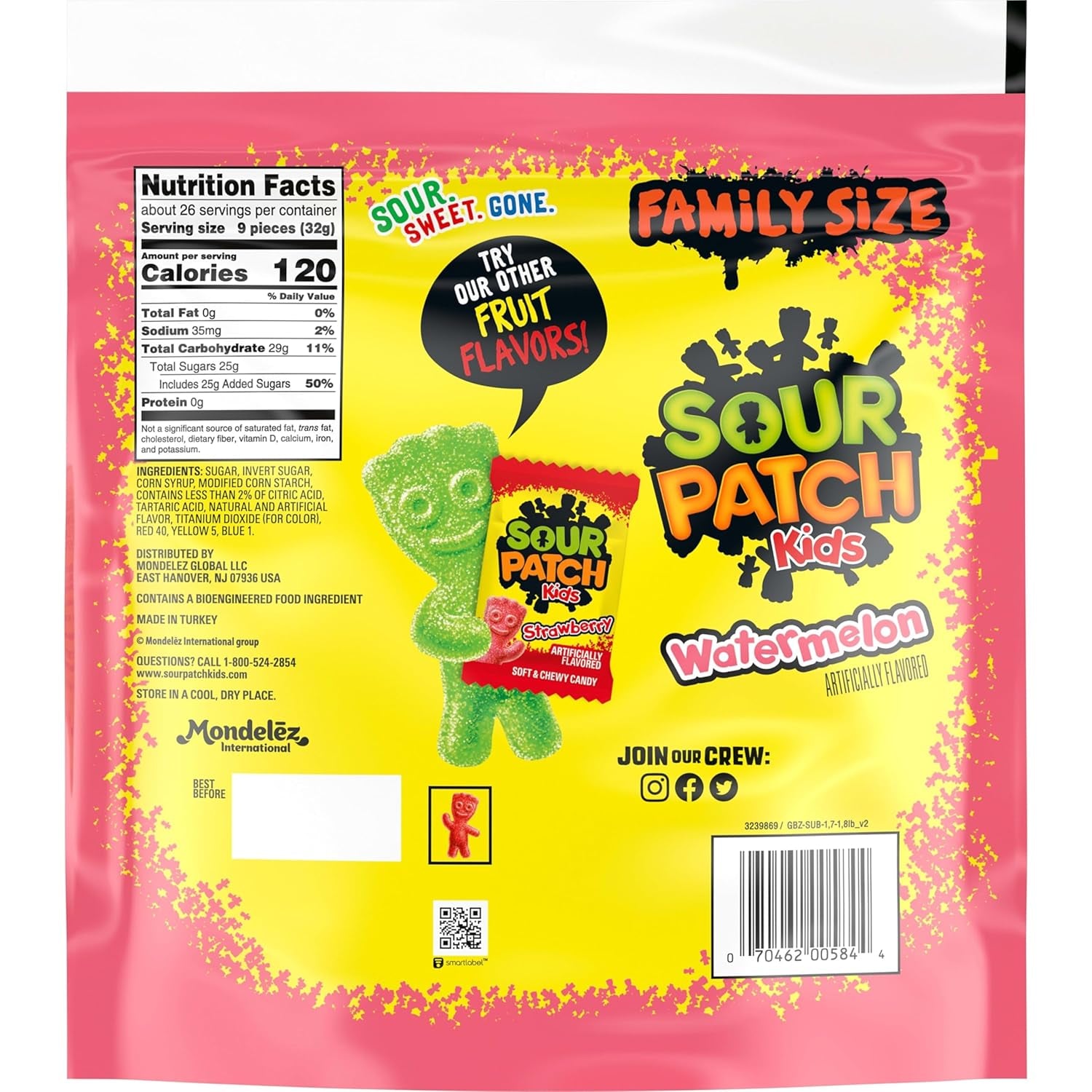SOUR PATCH KIDS Watermelon Soft & Chewy Gummy Candy, Family Size, Bulk Candy, 1.8 Lb