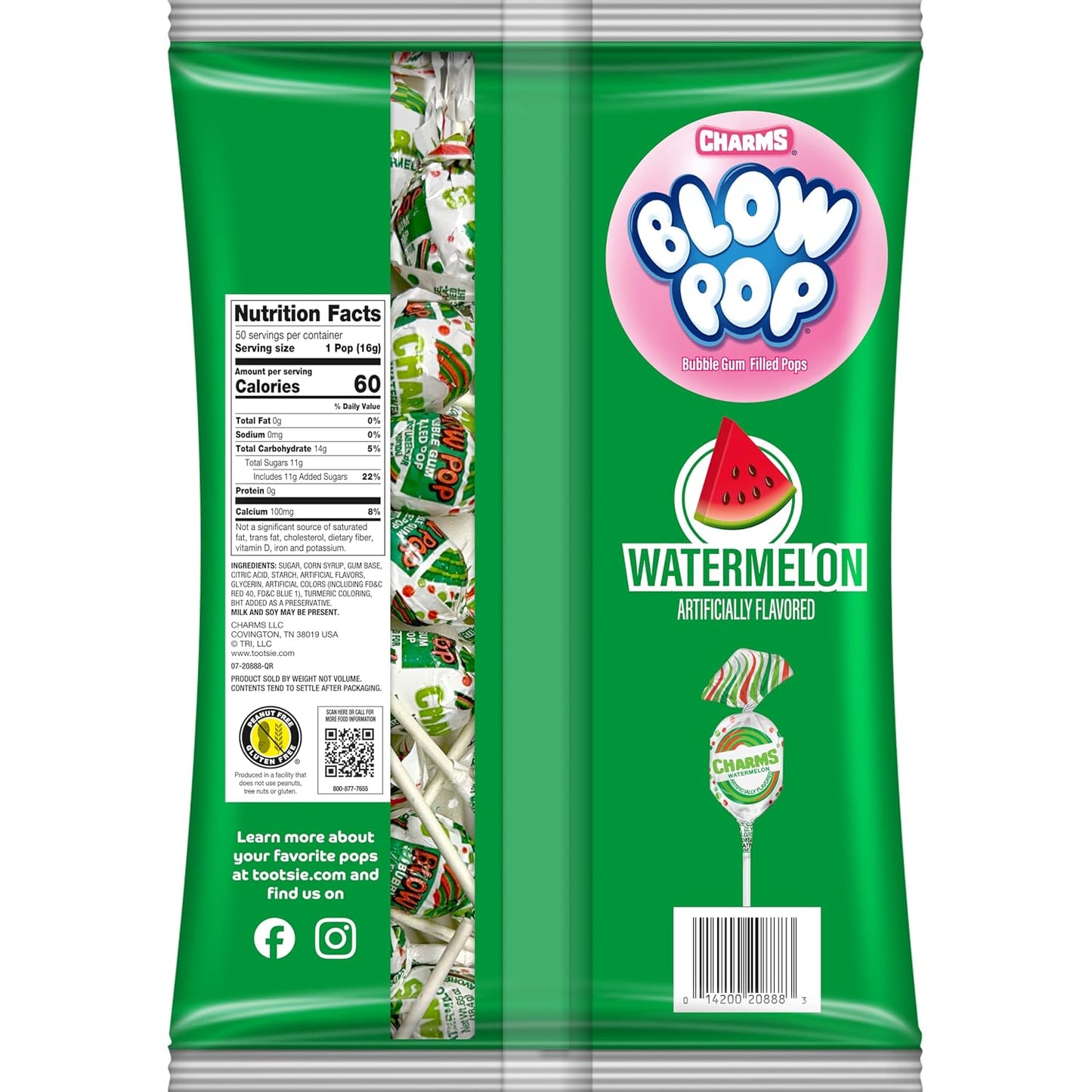Charms Blow Pop Single Flavor Bag, Watermelon, 50 Count (Pack of 1)