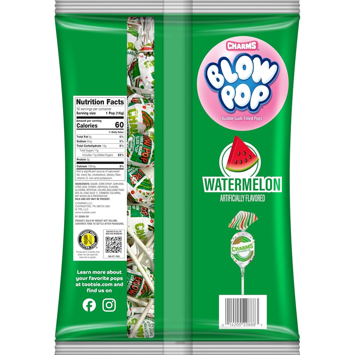 Charms Blow Pop Single Flavor Bag, Watermelon, 50 Count (Pack of 1)