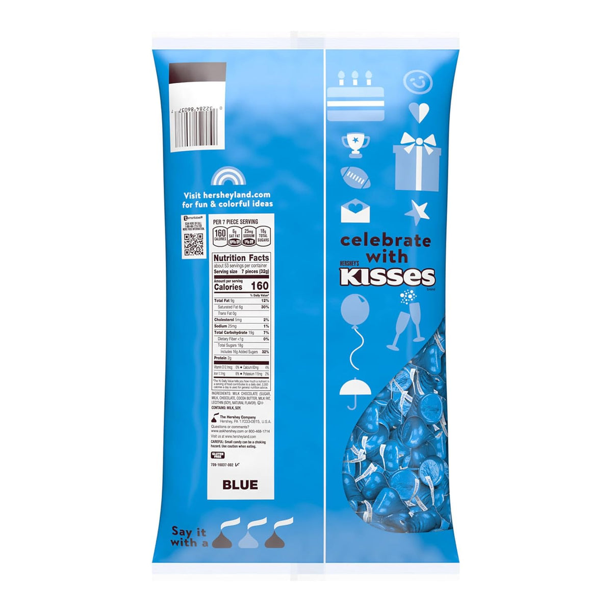 HERSHEY'S KISSES Milk Chocolate Candy Bulk Bag, Blue Foils, 60 Oz