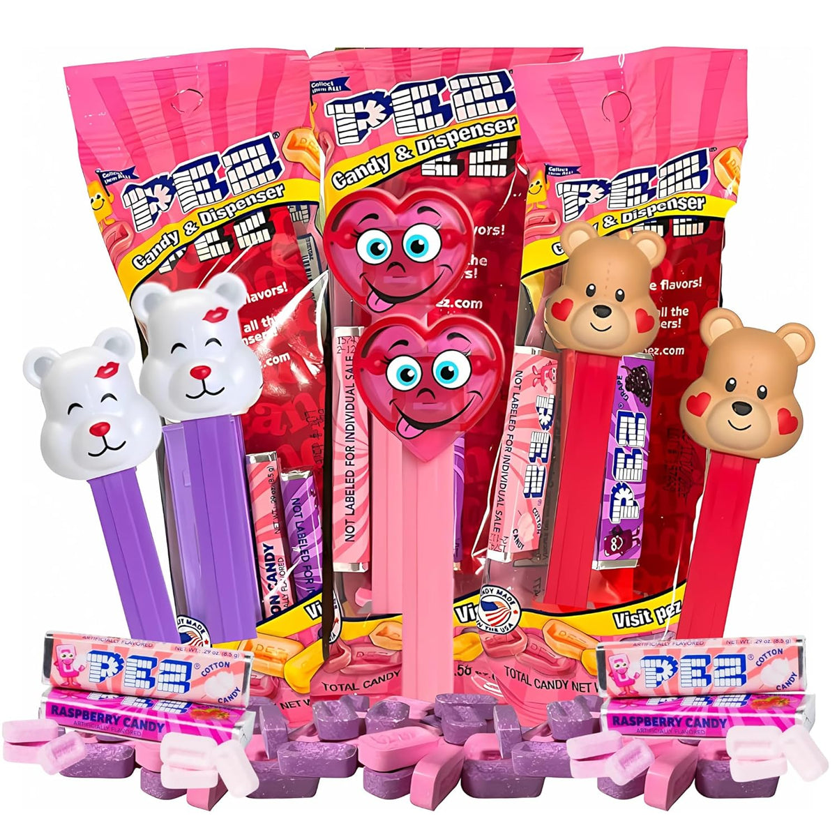 Valentine's Day Candy Dispensers – 3 Pack Gift Set with Assorted Refill Rolls
