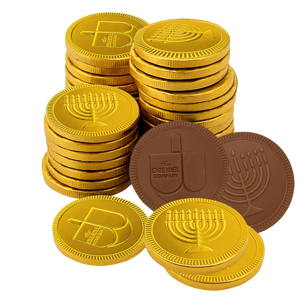The Dreidel Company 25-Pack Hanukkah Milk Chocolate Gold Coins, Hanukkah Dreidel & Menorah Design Gelt, Non GMO, Kosher Certified OU-D (25-Pack)
