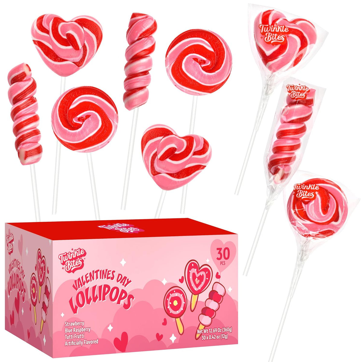 30 Pack Valentines Day Lollipops – Individually Wrapped Heart, Swirl, Twist Suckers – Strawberry, Raspberry, Tutti Frutti Delicious Flavors
