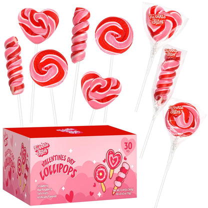 30 Pack Valentines Day Lollipops – Individually Wrapped Heart, Swirl, Twist Suckers – Strawberry, Raspberry, Tutti Frutti Delicious Flavors