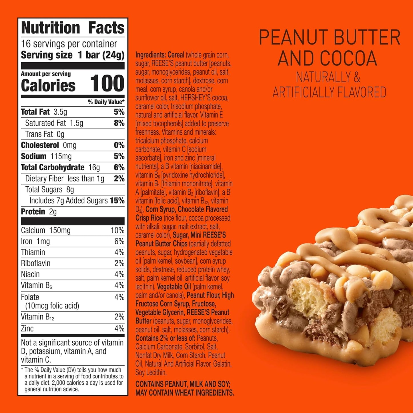 REESE'S Puffs Cereal Treat Bars, Peanut Butter and Cocoa, Snack Bars, Value Pack, 16 Ct