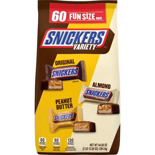 SNICKERS Original, Peanut Butter & Almond Bulk Variety Pack Fun Size Chocolate Candy Bar Assortment, 60 Pieces Bag