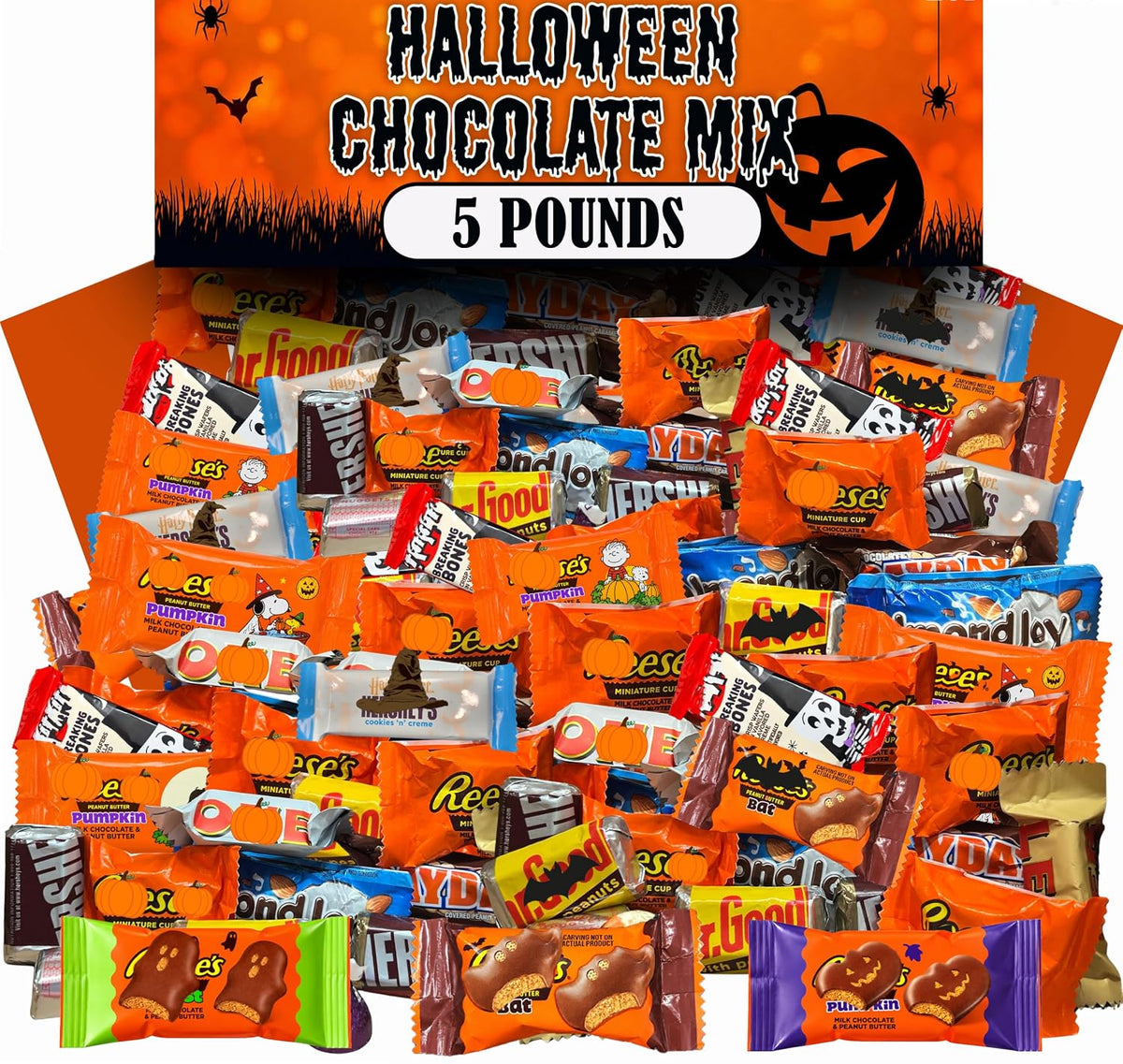 Halloween Chocolate Candy Assortment, 5 Lbs Bulk Individually Wrapped Halloween Trick or Treat Fun Size Bars, Milk Chocolate Variety Mix, Kids Goodie Bag Filler