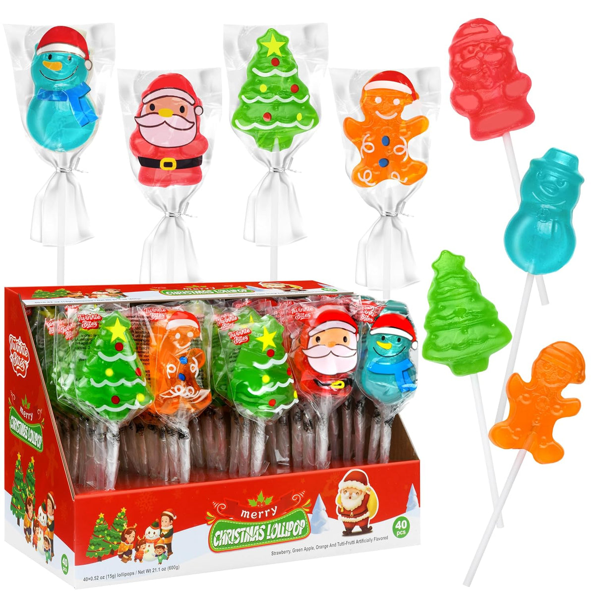 40 Pack Christmas Lollipops - Individually Wrapped Holiday Themed Suckers - Strawberry, Green Apple, Orange, Tutti-Frutti Delicious Flavors