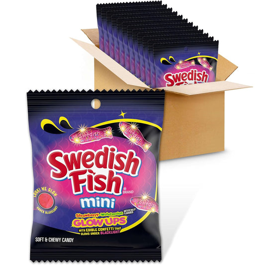 SWEDISH FISH Mini Glow Ups Strawberry-Watermelon Soft & Chewy Gummy Candy, 12-3.08 Oz Bags