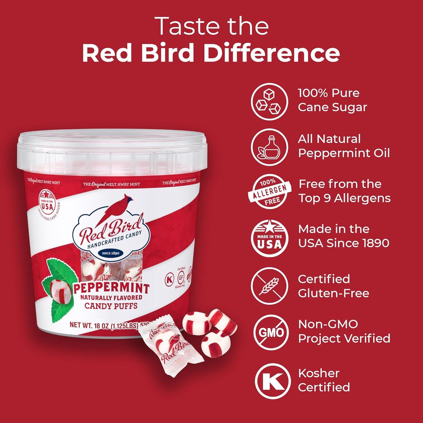Red Bird Soft Peppermint Candy Mint Puffs, Individually Wrapped, 18 Oz Tub
