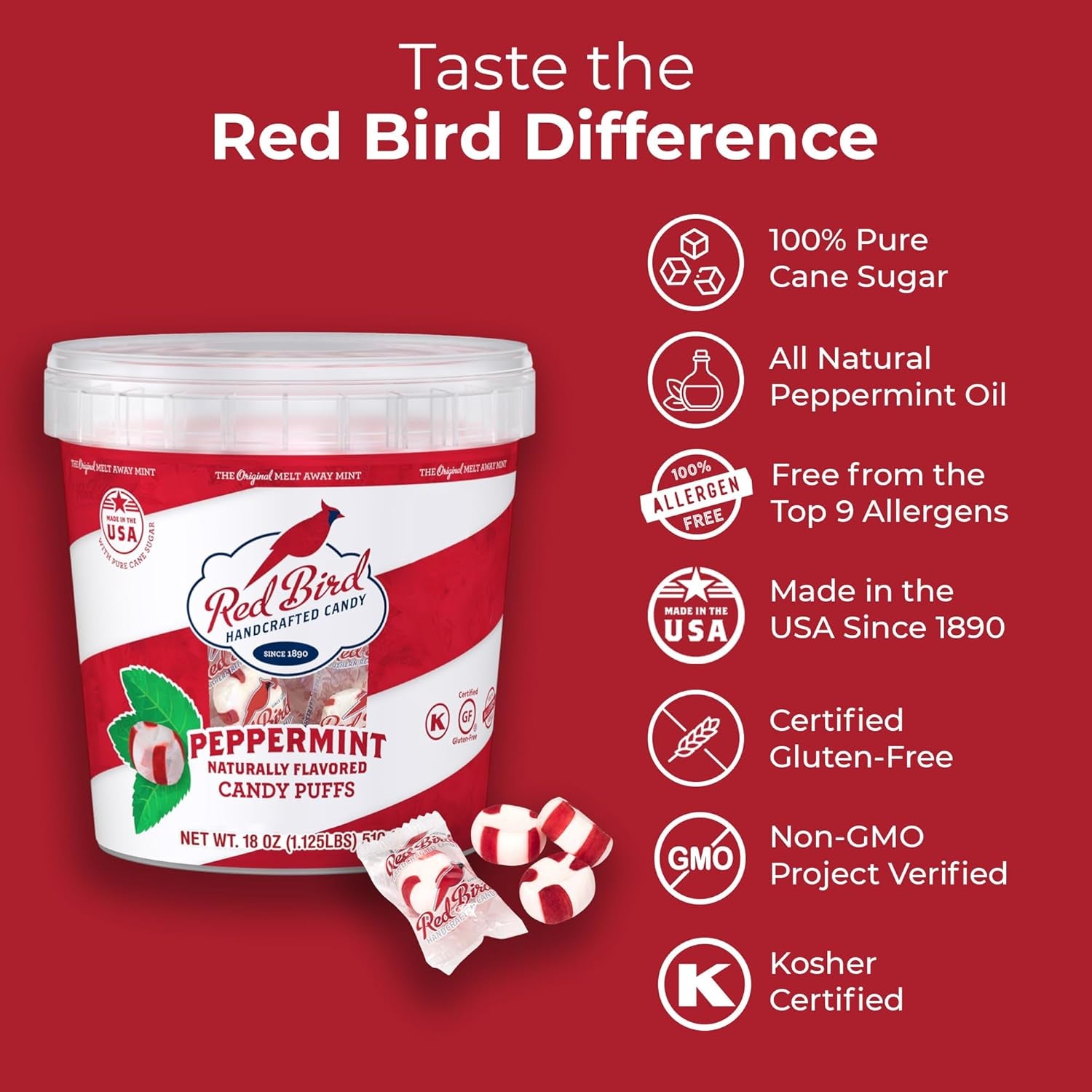 Red Bird Soft Peppermint Candy Mint Puffs, Individually Wrapped, 18 Oz Tub