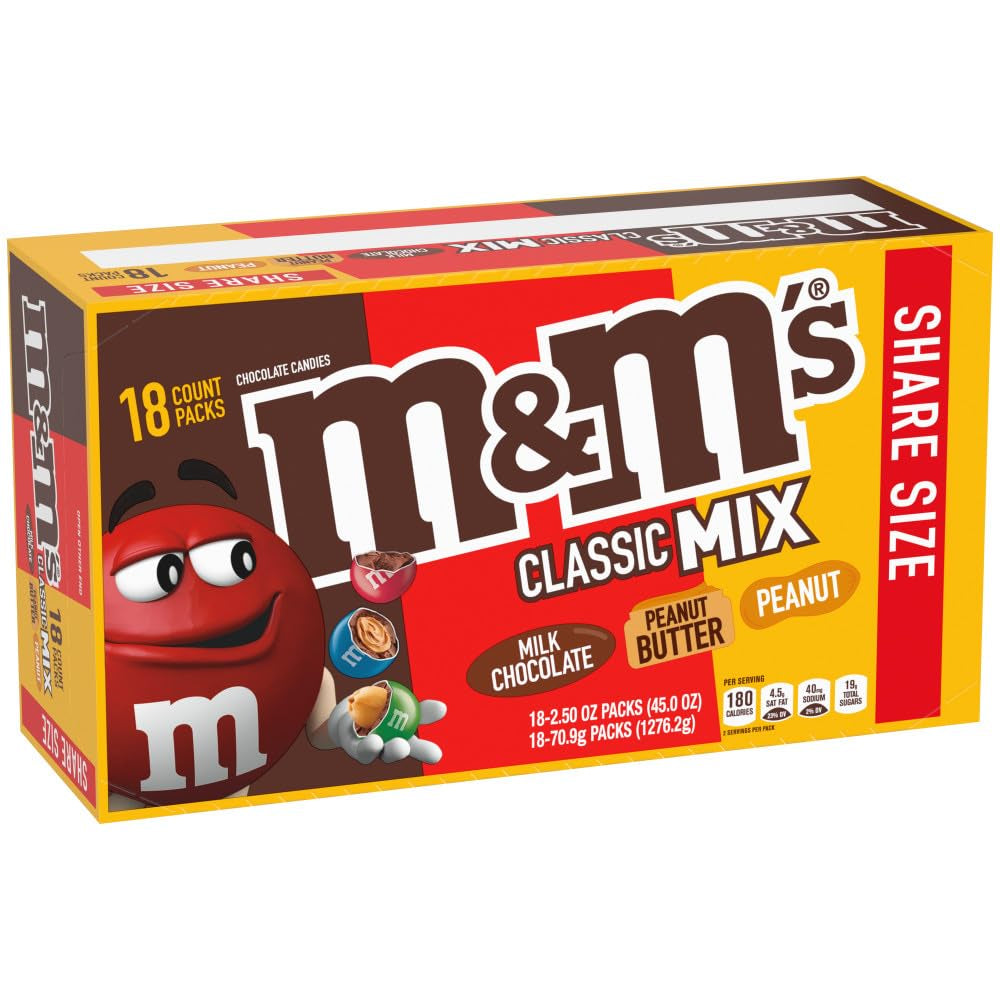 M&M'S Milk Chocolate Candy Variety Pack, Bulk Candy Individually Wrapped 18, Full Size 2.5 Oz Bags