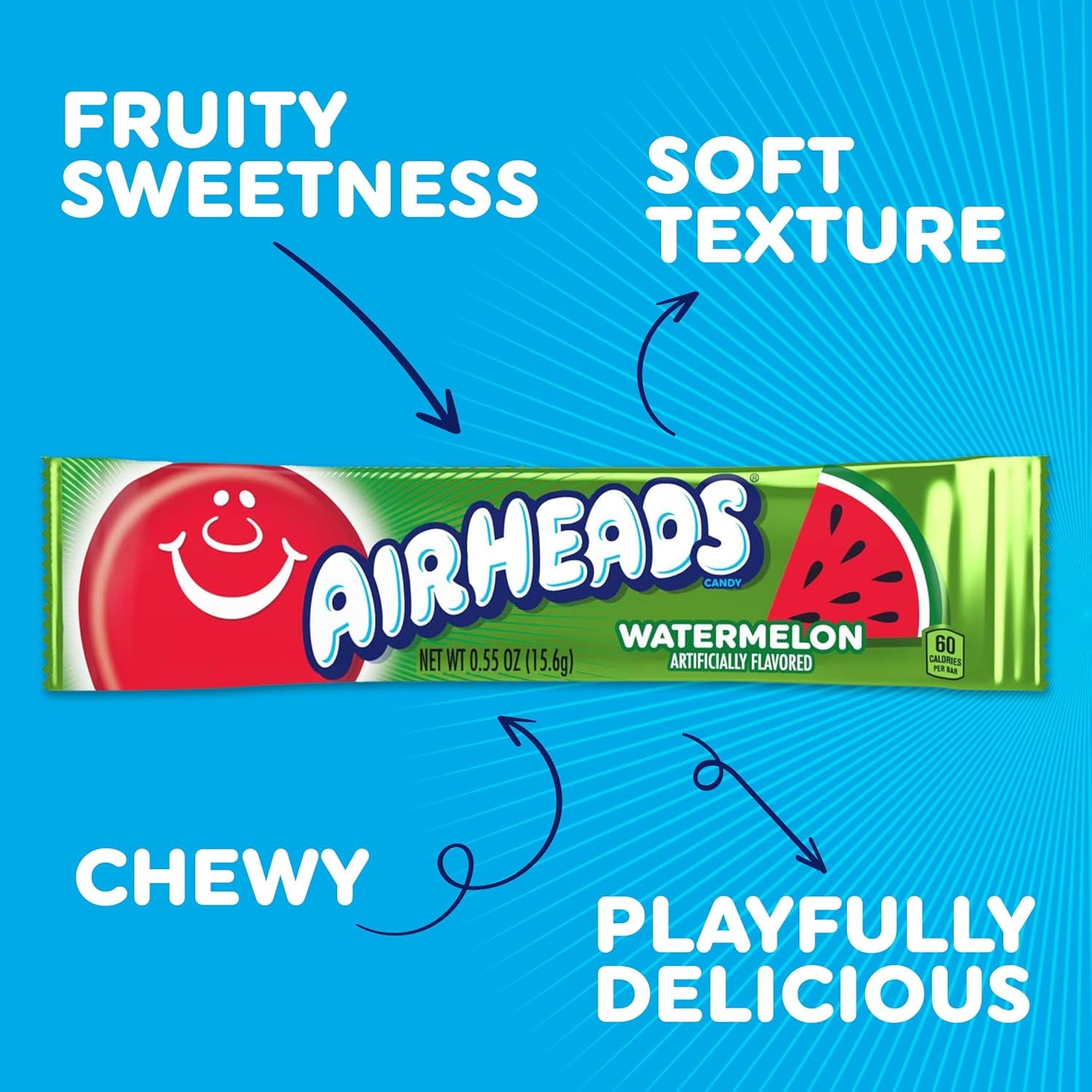 Airheads Full-Size Candy Bars, Taffy Candy Pack, Individually Wrapped Bulk Candy, Watermelon Flavor, 36 Count Box