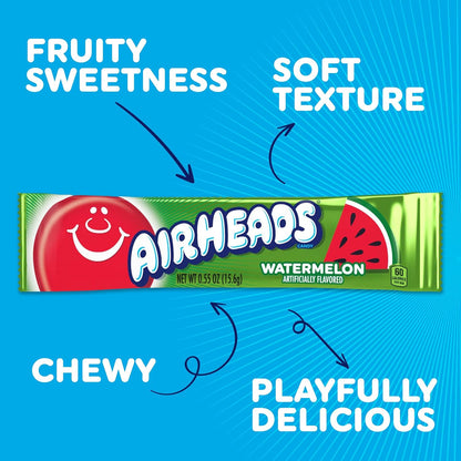 Airheads Full-Size Candy Bars, Taffy Candy Pack, Individually Wrapped Bulk Candy, Watermelon Flavor, 36 Count Box