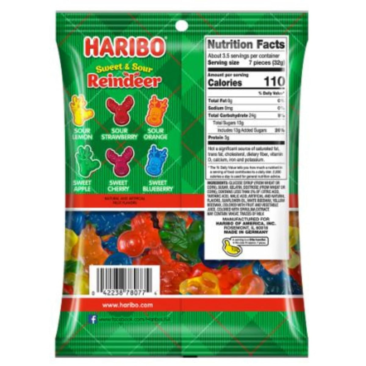 Haribo Sweet and Sour Reindeer, Assorted Fruit Flavored Gummy Candies, 4 Ounces (Pack of 12)