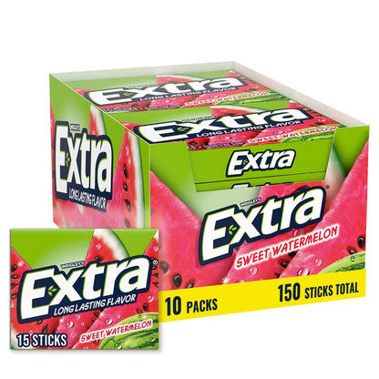 EXTRA Gum Sweet Watermelon Sugarfree, Bulk, Individually Wrapped, Flavor 15 Count, Pack of 10