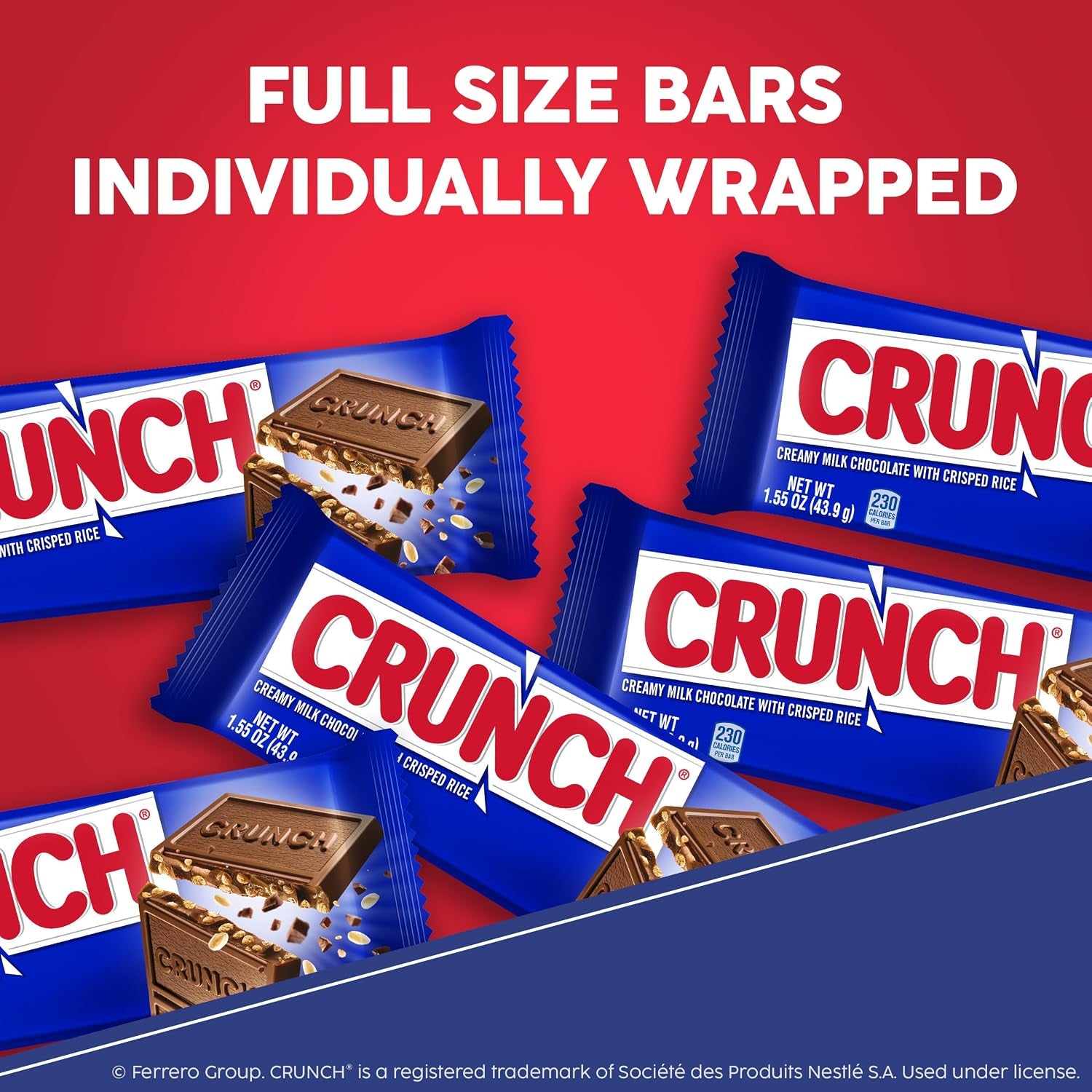 CRUNCH Full-Size Candy Bar, Creamy Milk Chocolate with Crunchy Crisped Rice, 36 Individually Wrapped Bars