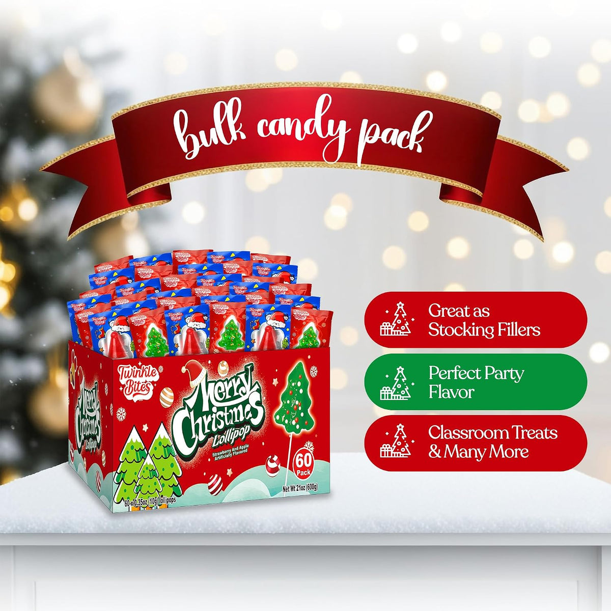 60 Pack Christmas Lollipops - Individually Wrapped Christmas Holiday Themed Hat and Tree Lollipops