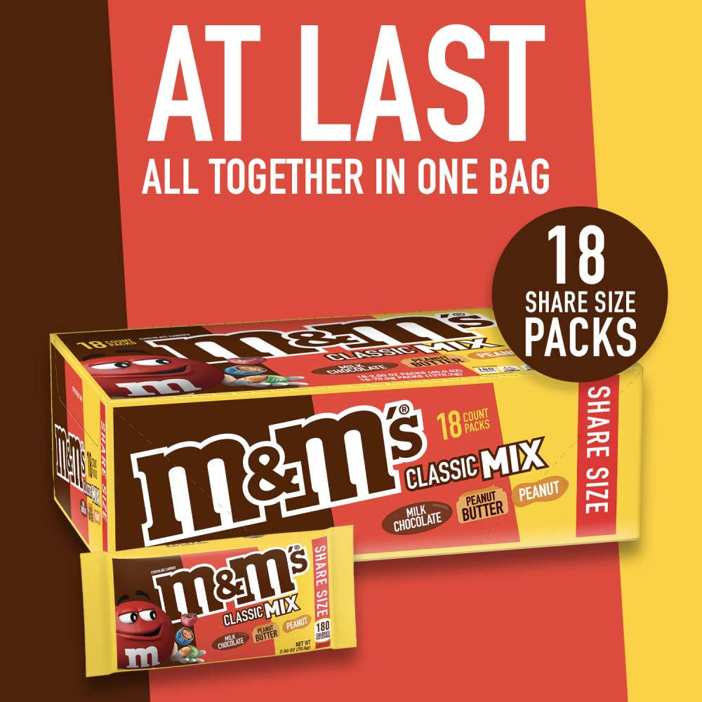 M&M'S Milk Chocolate Candy Variety Pack, Bulk Candy Individually Wrapped 18, Full Size 2.5 Oz Bags
