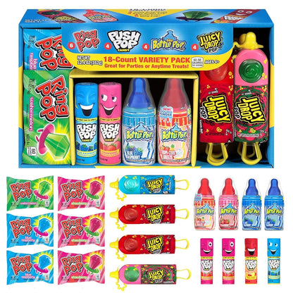 Candy Variety Pack, 18 Count Assorted Lollipops | Ring Pop, Push Pop, Baby Bottle Pop & Juicy Drop