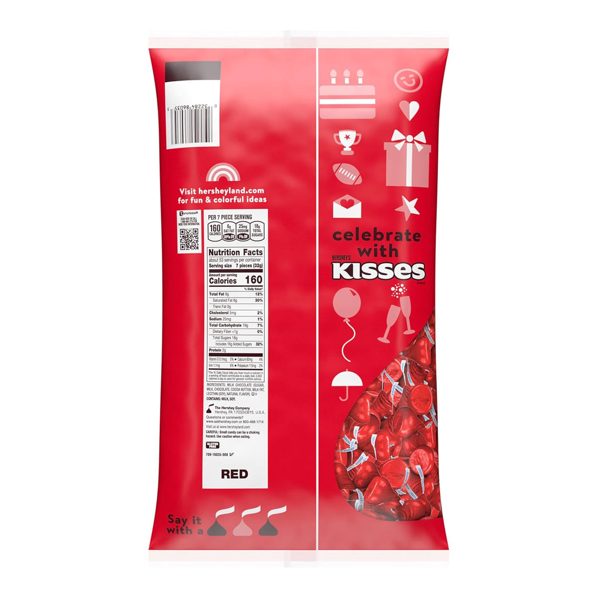 HERSHEY'S KISSES Milk Chocolate Candy Bulk Bag, Red Foils, 60 Oz