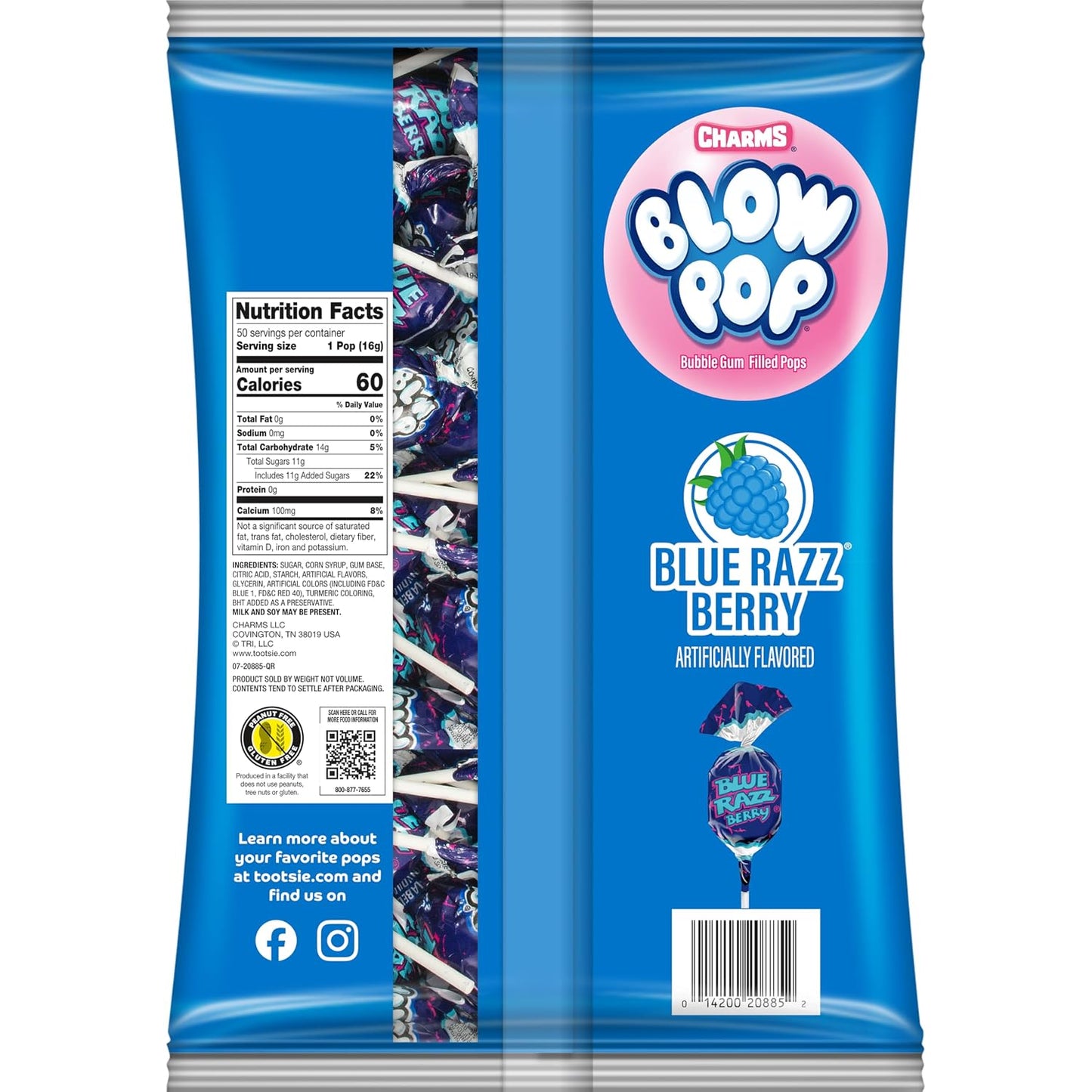 Charms Blow Pop Single Flavor Bag, Blue Raspberry, 50 Count (Pack of 1)