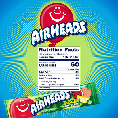 Airheads SOUR Candy Bars, Sour Watermelon Punch Flavored, Bulk, Pack of 36 Bars.