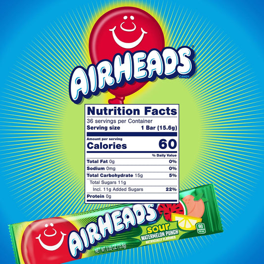 Airheads SOUR Candy Bars, Sour Watermelon Punch Flavored, Bulk, Pack of 36 Bars.