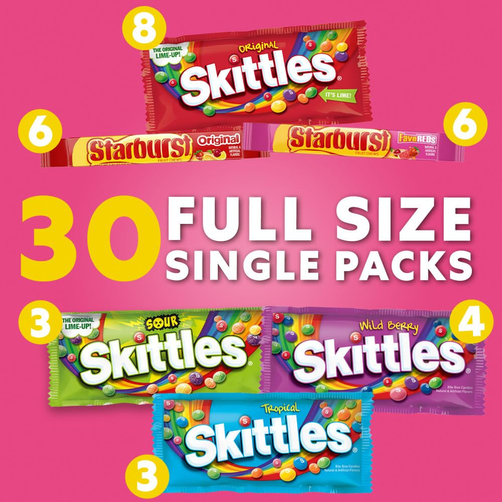 SKITTLES & STARBURST Chewy Candy Variety Pack, Bulk Box, 62.79 Oz, 30 Pack