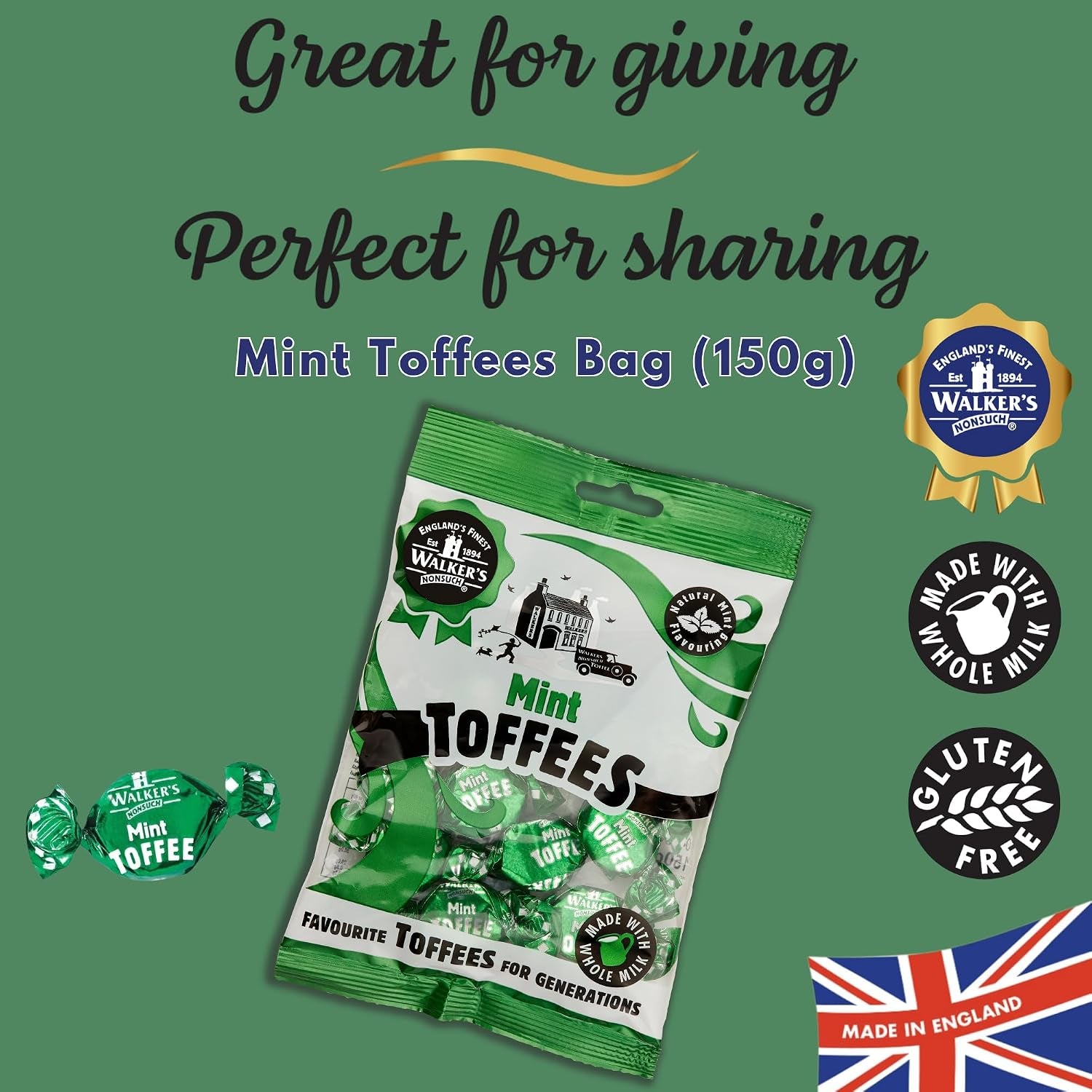 Walkers Nonsuch British Mint Toffee Candy 5.29 Oz (150G) - Natural Mint Flavor, Whole Milk Toffee