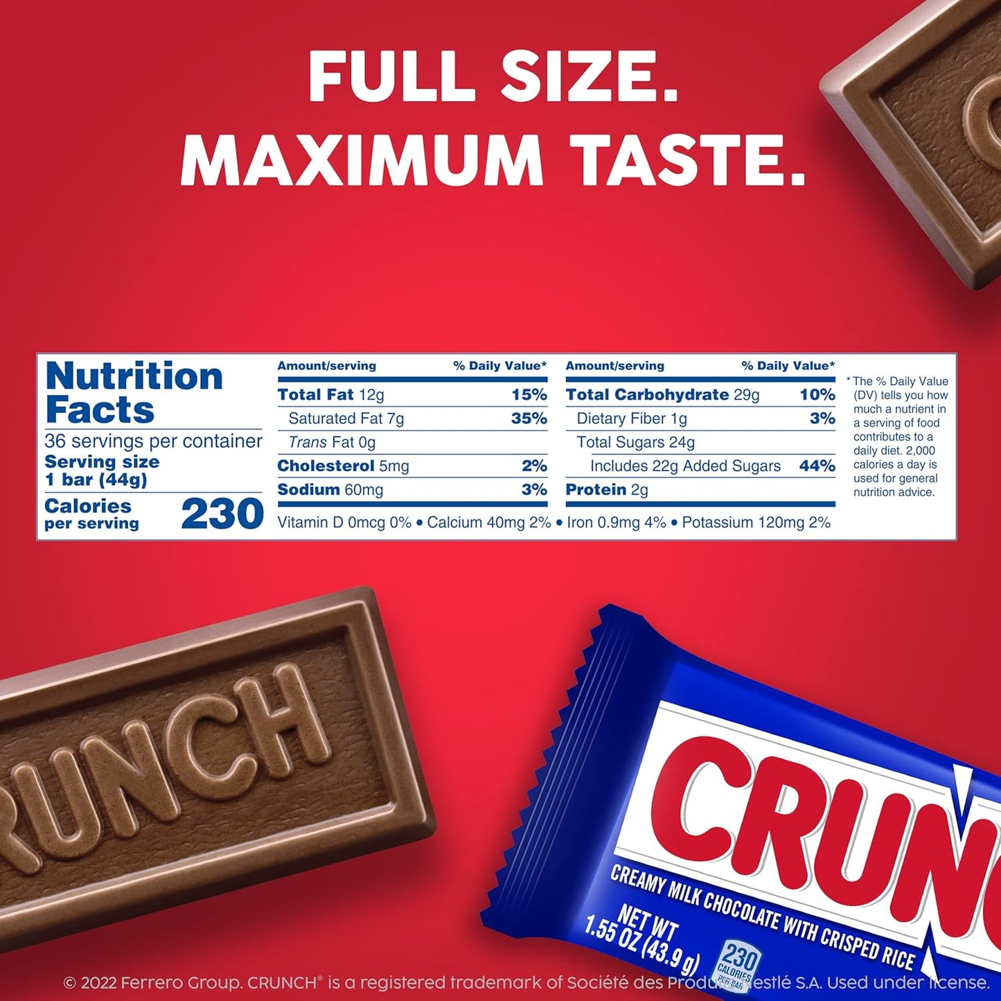 CRUNCH Full-Size Candy Bar, Creamy Milk Chocolate with Crunchy Crisped Rice, 36 Individually Wrapped Bars