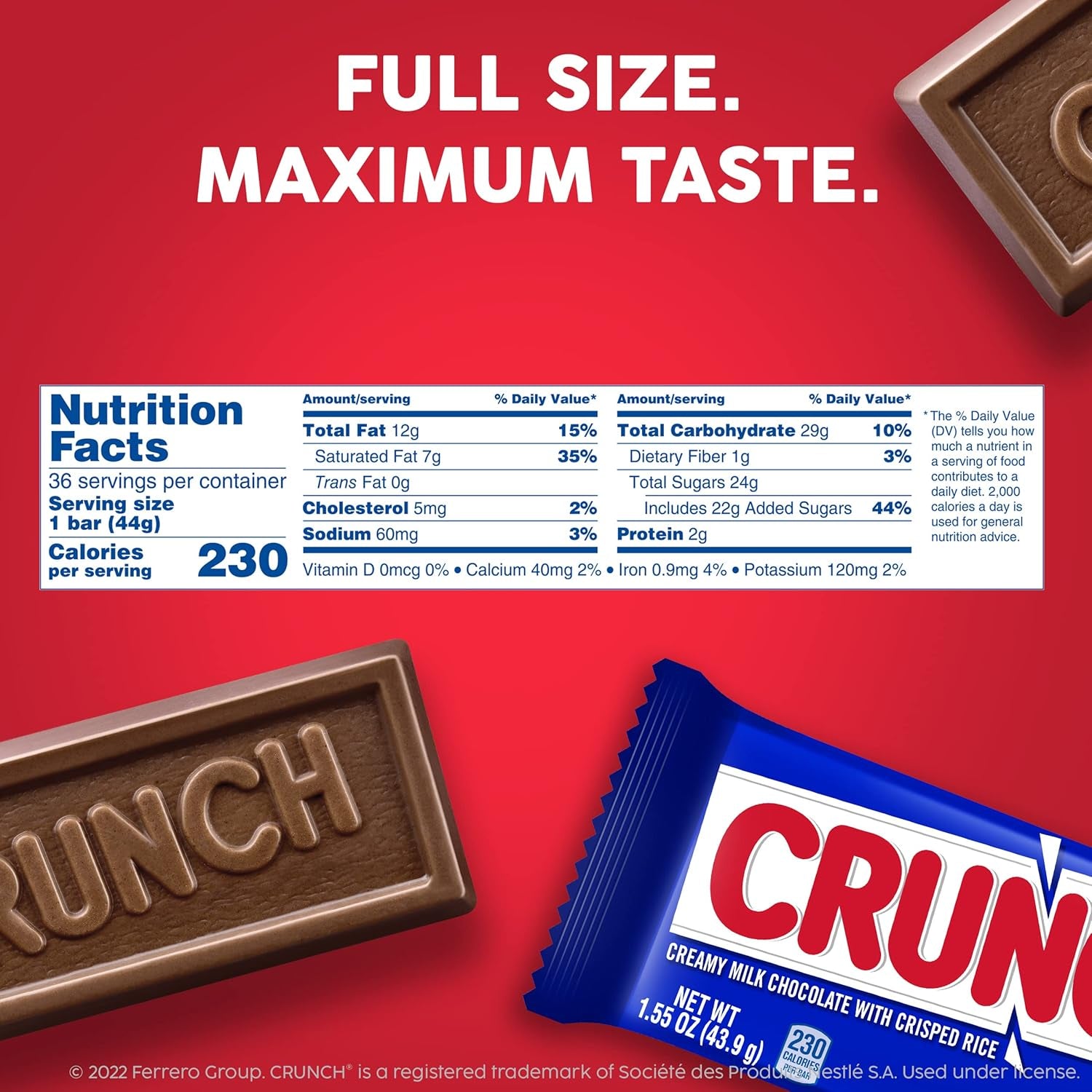 CRUNCH Full-Size Candy Bar, Creamy Milk Chocolate with Crunchy Crisped Rice, 36 Individually Wrapped Bars