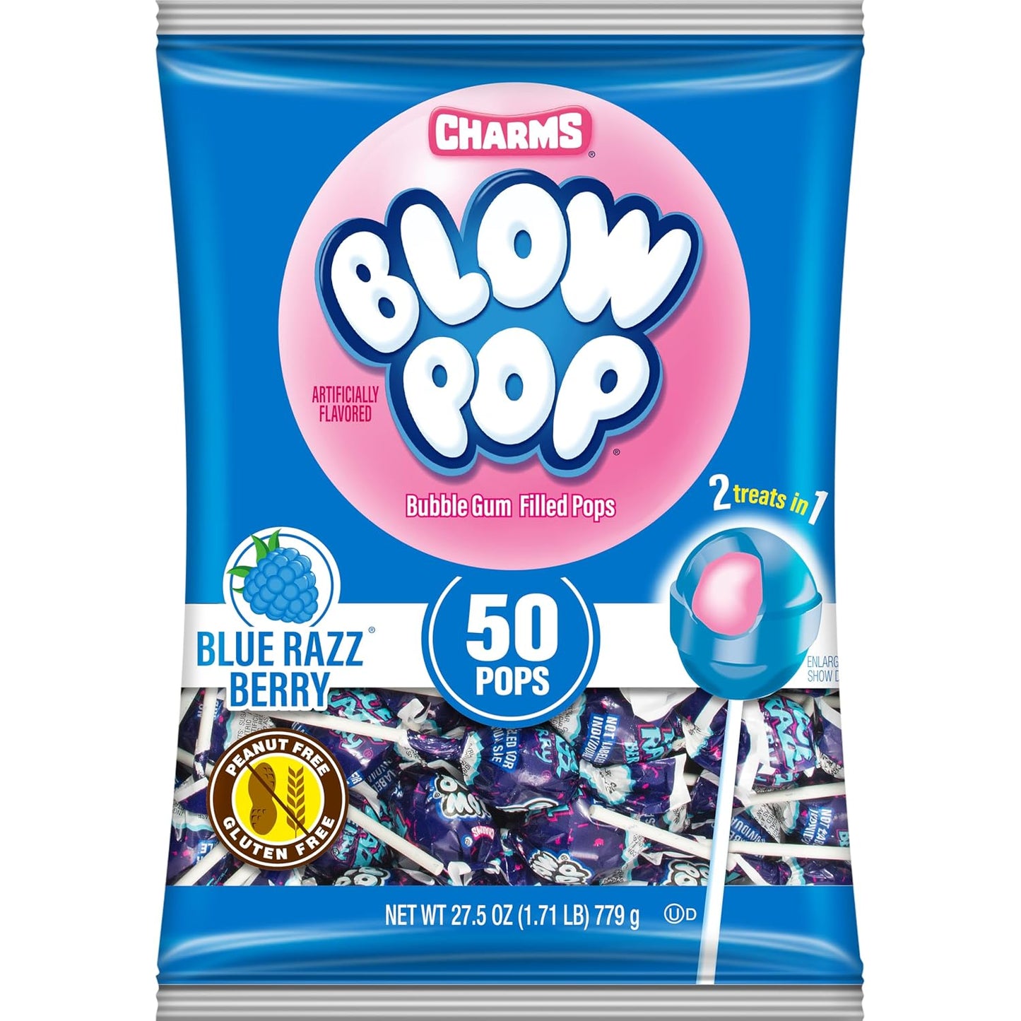 Charms Blow Pop Single Flavor Bag, Blue Raspberry, 50 Count (Pack of 1)
