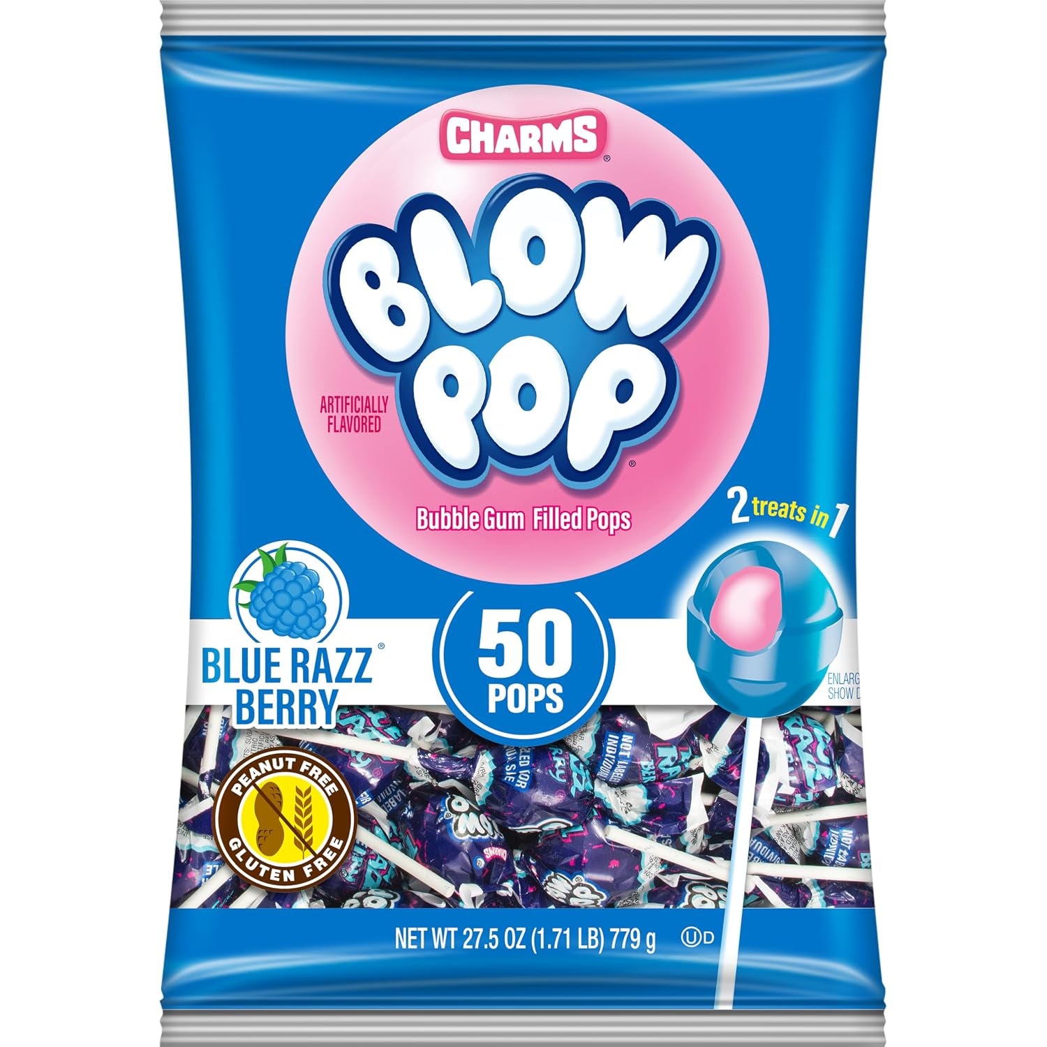 Charms Blow Pop Single Flavor Bag, Blue Raspberry, 50 Count (Pack of 1)