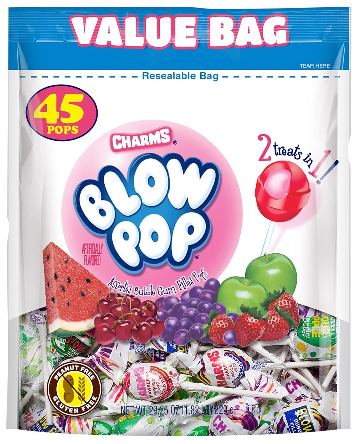 Charms Blow Pop Lollipops - Individually Wrapped Dual Candy and Gum Suckers, 45 Count (29.25 Oz.)