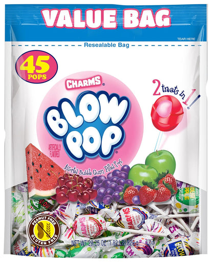 Charms Blow Pop Lollipops - Individually Wrapped Dual Candy and Gum Suckers, 45 Count (29.25 Oz.)