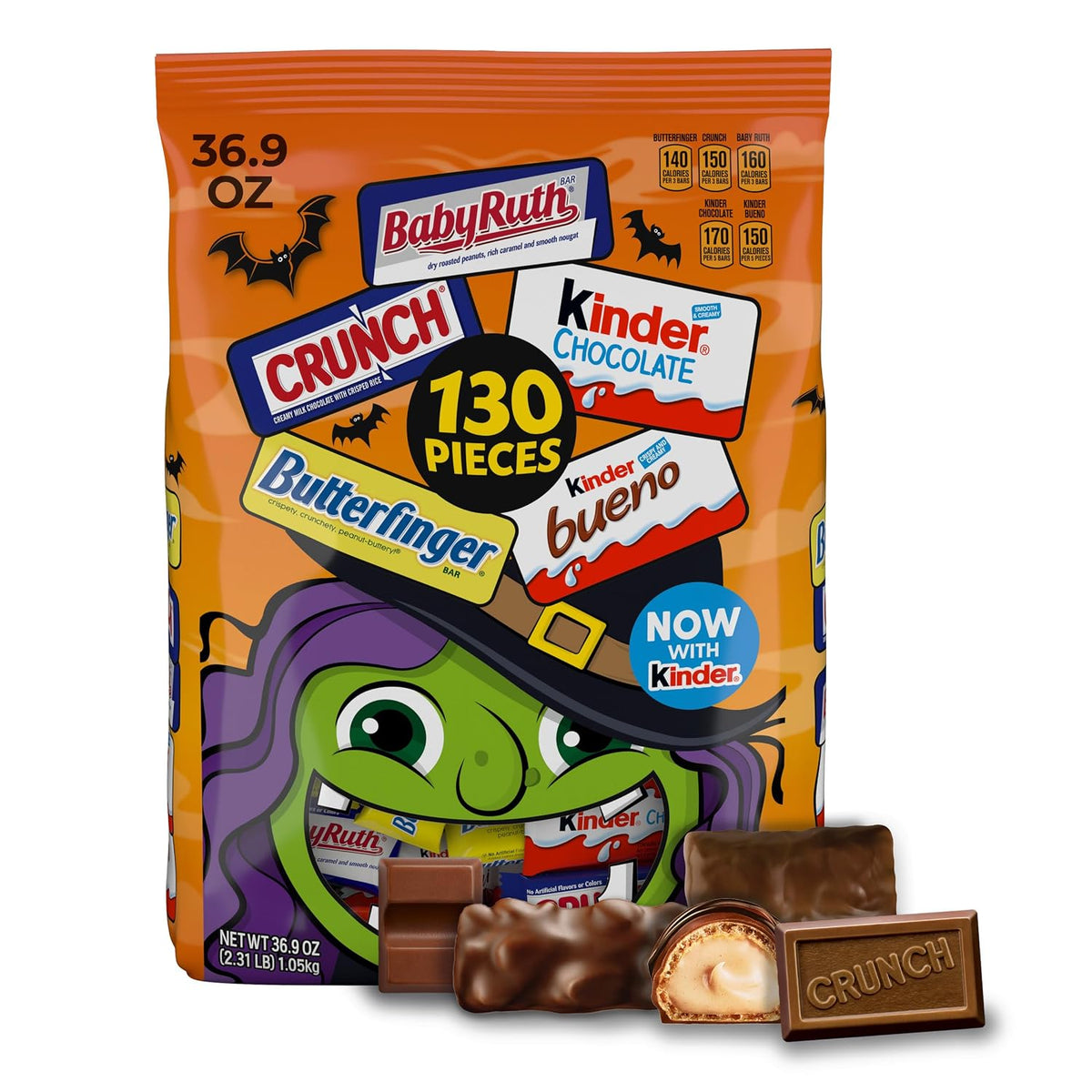 Butterfinger, CRUNCH, Baby Ruth, 100 Grand, Kinder Bueno, Kinder Chocolate, Halloween Candy Fun Size, 130 Minis, 36.9 Oz