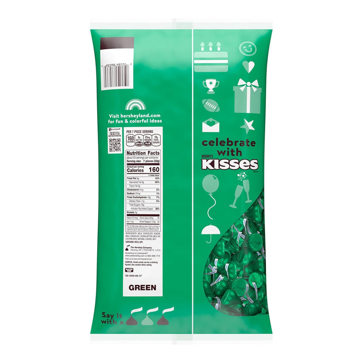 HERSHEY'S KISSES Milk Chocolate Candy Bulk Bag, Green Foils, 60 Oz