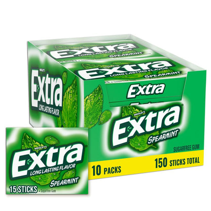 Extra Gum Spearmint Sugarfree Gum Bulk, Individually Wrapped, 15 Count, Pack of 10