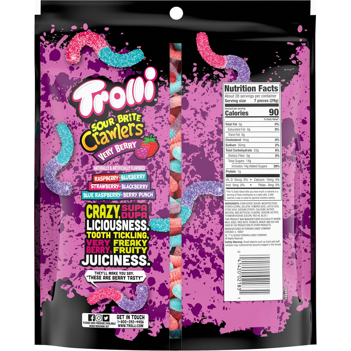 Trolli Sour Brite Crawlers Very Berry Candy, Sour Gummy Worms, 28.8 Oz
