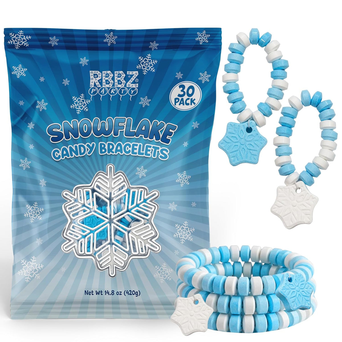 Snowflake Candy Bracelets – 30 Count Bulk Value Pack, Individually Wrapped Suckers – Winter Candy Blue and White Snow Flake Shaped – Birthday Treats – Frozen Party Favors – Goodie Bag Stuffers for Kids – Pinata Filler